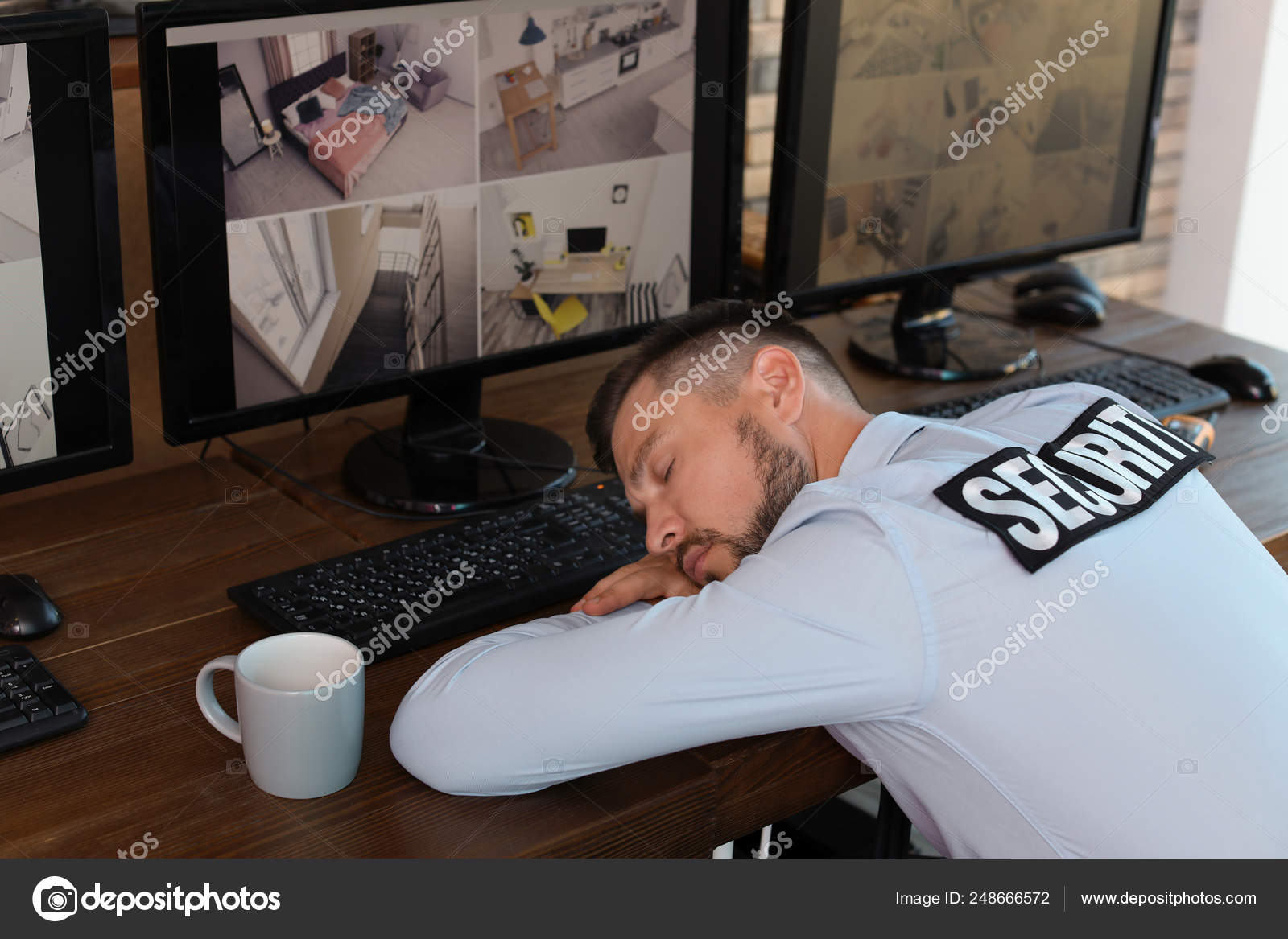 Male security guard sleeping at workplace. CCTV surveillance ⬇ Stock Photo,  Image by © NewAfrica #248666572